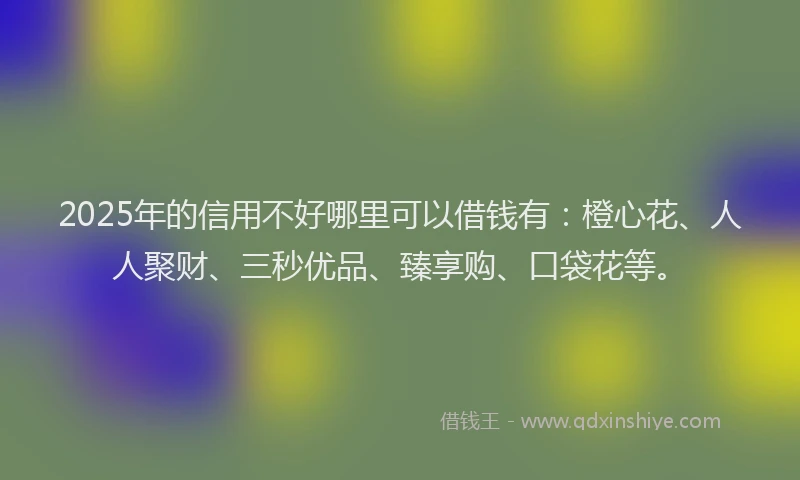 2025年的信用不好哪里可以借钱有：橙心花、人人聚财、三秒优品、臻享购、口袋花等。