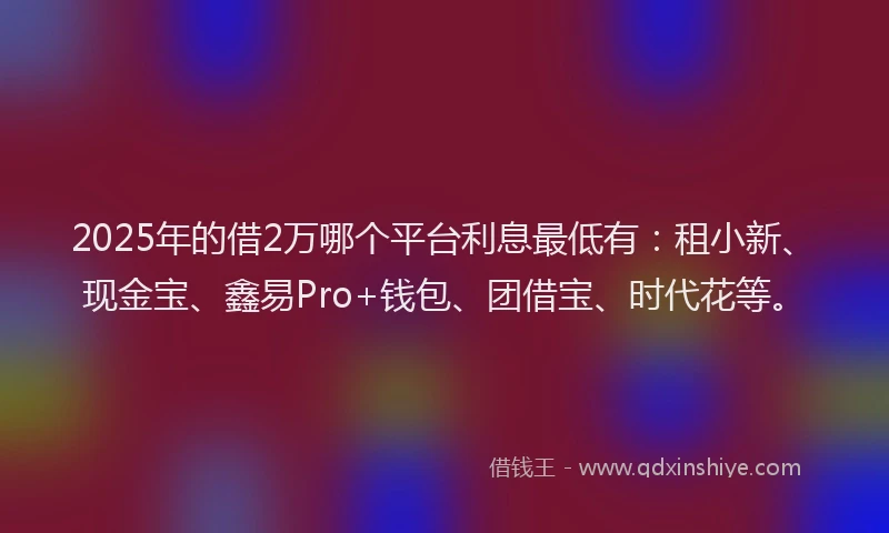 2025年的借2万哪个平台利息最低有：租小新、现金宝、鑫易Pro+钱包、团借宝、时代花等。