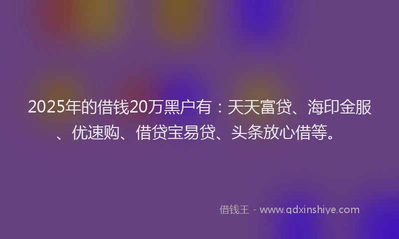 2025年的借钱20万黑户有：天天富贷、海印金服、优速购、借贷宝易贷、头条放心借等。
