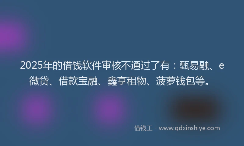 2025年的借钱软件审核不通过了有：甄易融、e微贷、借款宝融、鑫享租物、菠萝钱包等。