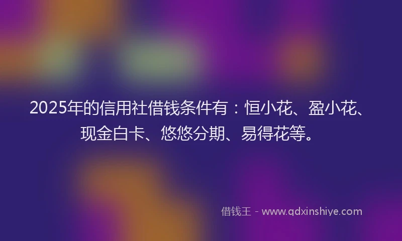 2025年的信用社借钱条件有：恒小花、盈小花、现金白卡、悠悠分期、易得花等。