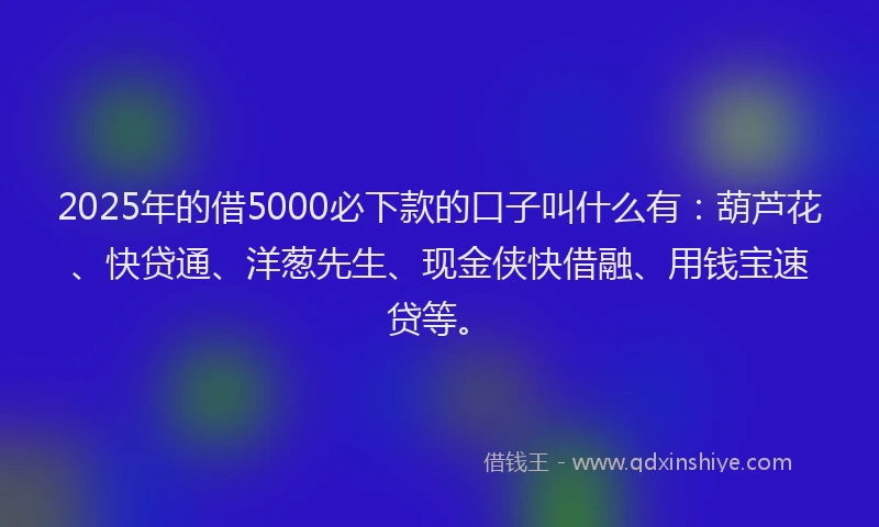 2025年的借5000必下款的口子叫什么有：葫芦花、快贷通、洋葱先生、现金侠快借融、用钱宝速贷等。