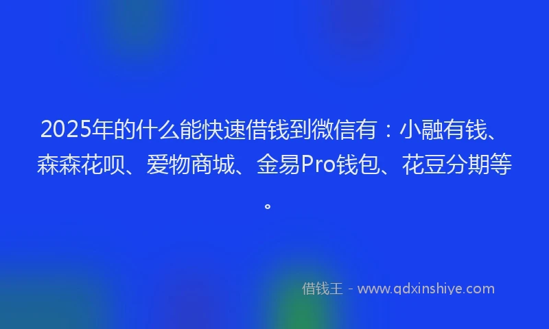 2025年的什么能快速借钱到微信有：小融有钱、森森花呗、爱物商城、金易Pro钱包、花豆分期等。