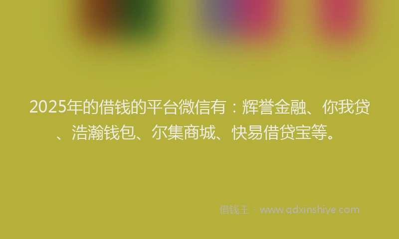 2025年的借钱的平台微信有：辉誉金融、你我贷、浩瀚钱包、尔集商城、快易借贷宝等。