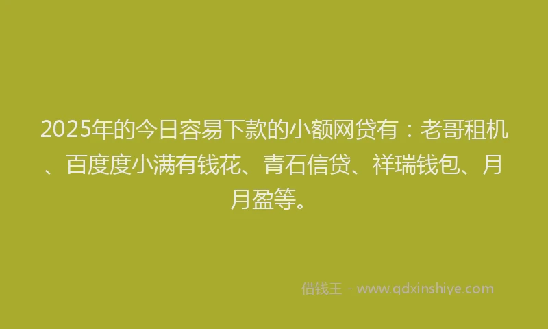 2025年的今日容易下款的小额网贷有：老哥租机、百度度小满有钱花、青石信贷、祥瑞钱包、月月盈等。