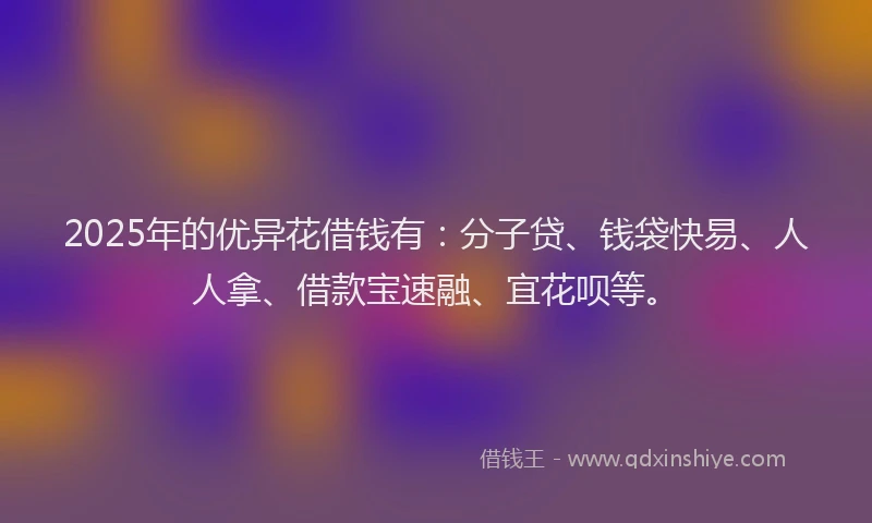 2025年的优异花借钱有：分子贷、钱袋快易、人人拿、借款宝速融、宜花呗等。