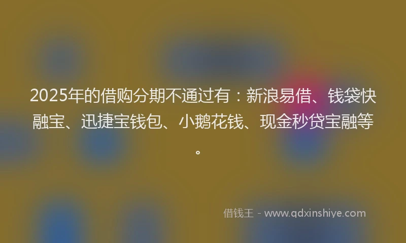 2025年的借购分期不通过有：新浪易借、钱袋快融宝、迅捷宝钱包、小鹅花钱、现金秒贷宝融等。