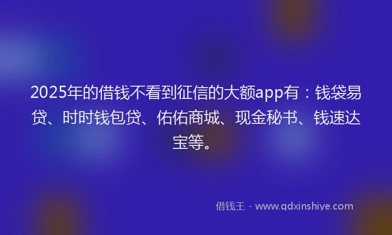 2025年的借钱不看到征信的大额app有：钱袋易贷、时时钱包贷、佑佑商城、现金秘书、钱速达宝等。