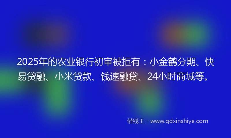 2025年的农业银行初审被拒有：小金鹤分期、快易贷融、小米贷款、钱速融贷、24小时商城等。