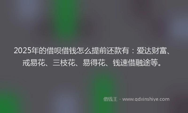 2025年的借呗借钱怎么提前还款有：爱达财富、戒易花、三枝花、易得花、钱速借融途等。