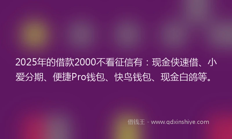 2025年的借款2000不看征信有：现金侠速借、小爱分期、便捷Pro钱包、快鸟钱包、现金白鸽等。