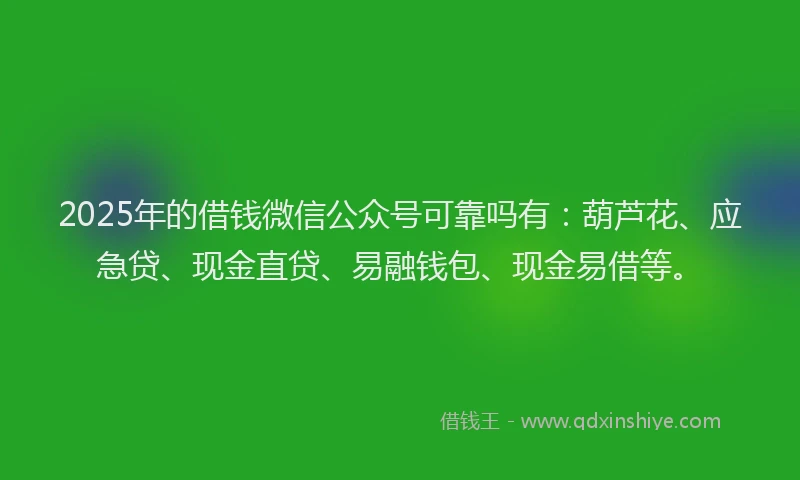 2025年的借钱微信公众号可靠吗有：葫芦花、应急贷、现金直贷、易融钱包、现金易借等。