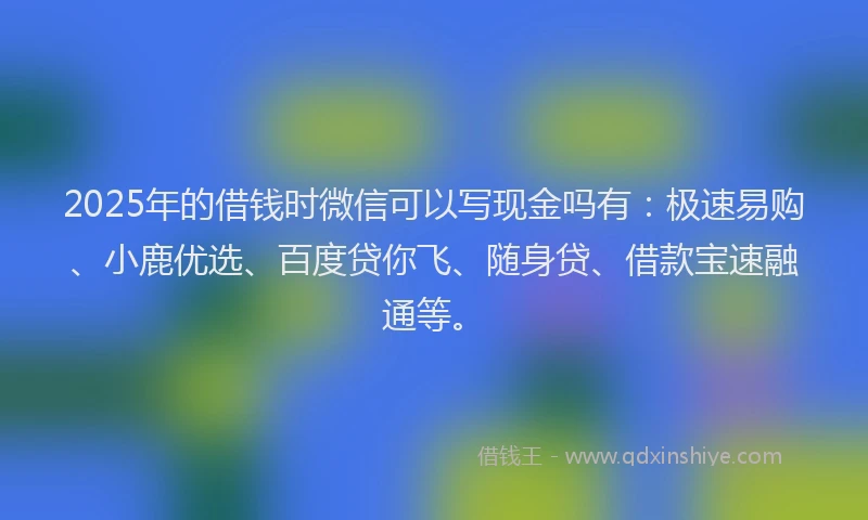 2025年的借钱时微信可以写现金吗有：极速易购、小鹿优选、百度贷你飞、随身贷、借款宝速融通等。