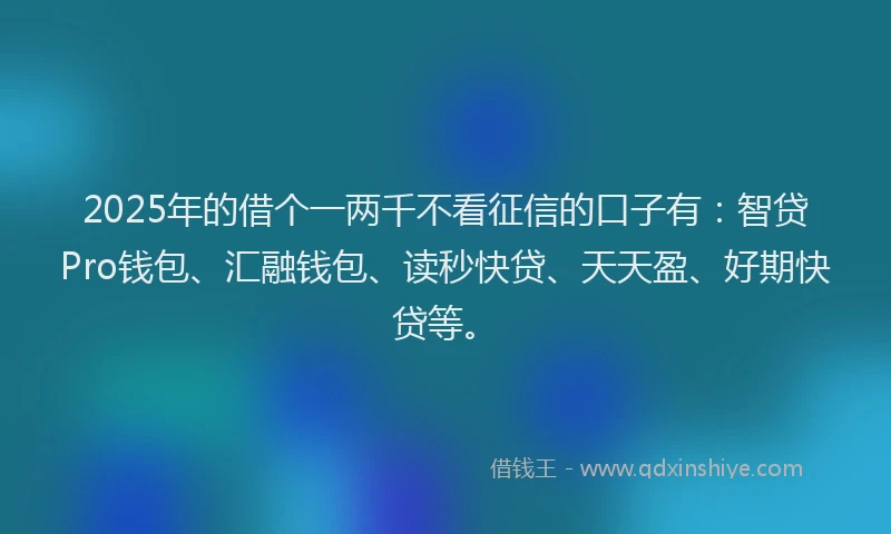 2025年的借个一两千不看征信的口子有：智贷Pro钱包、汇融钱包、读秒快贷、天天盈、好期快贷等。