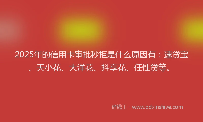 2025年的信用卡审批秒拒是什么原因有：速贷宝、天小花、大洋花、抖享花、任性贷等。