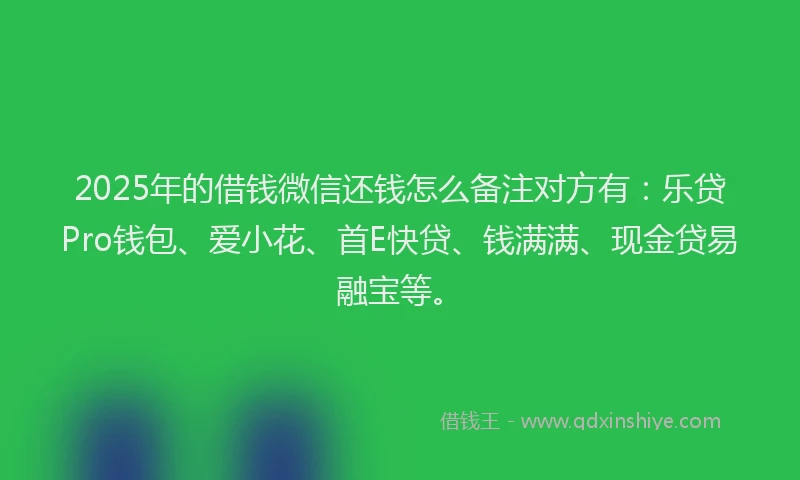 2025年的借钱微信还钱怎么备注对方有：乐贷Pro钱包、爱小花、首E快贷、钱满满、现金贷易融宝等。