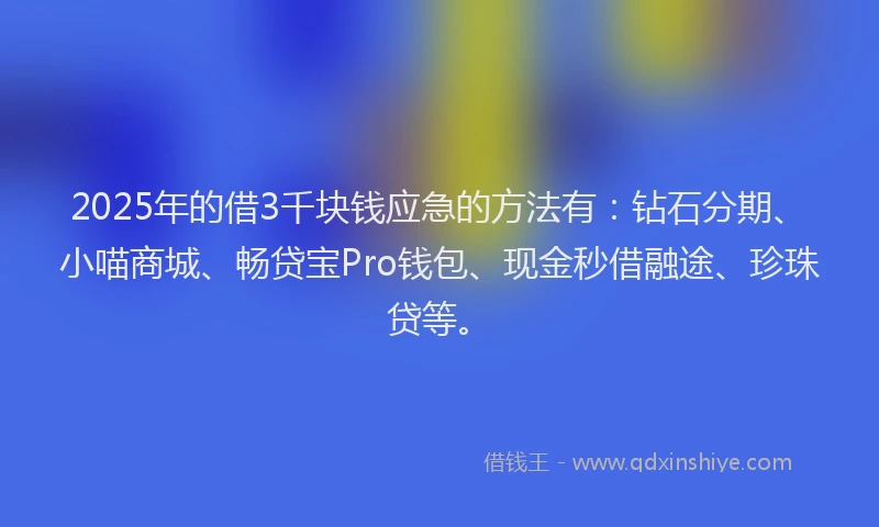 2025年的借3千块钱应急的方法有：钻石分期、小喵商城、畅贷宝Pro钱包、现金秒借融途、珍珠贷等。
