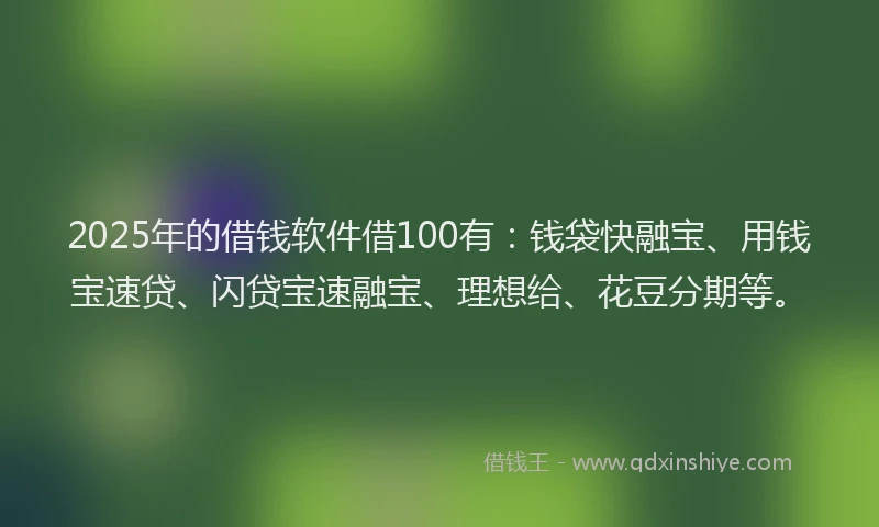 2025年的借钱软件借100有：钱袋快融宝、用钱宝速贷、闪贷宝速融宝、理想给、花豆分期等。