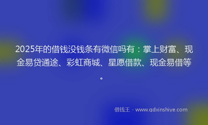2025年的借钱没钱条有微信吗有：掌上财富、现金易贷通途、彩虹商城、星愿借款、现金易借等。
