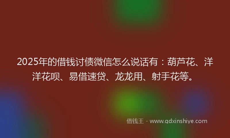2025年的借钱讨债微信怎么说话有：葫芦花、洋洋花呗、易借速贷、龙龙用、射手花等。