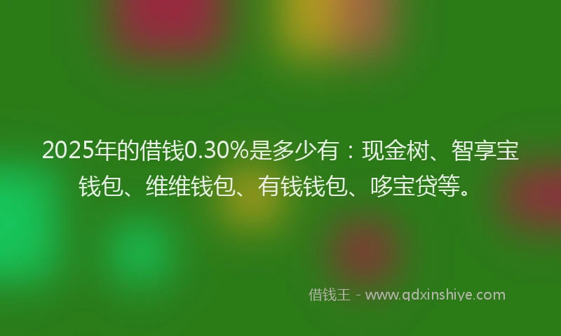 2025年的借钱0.30%是多少有：现金树、智享宝钱包、维维钱包、有钱钱包、哆宝贷等。
