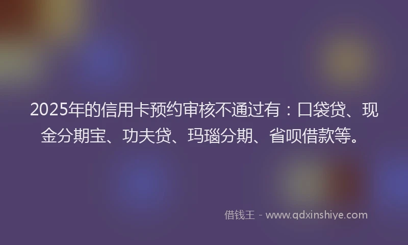 2025年的信用卡预约审核不通过有：口袋贷、现金分期宝、功夫贷、玛瑙分期、省呗借款等。