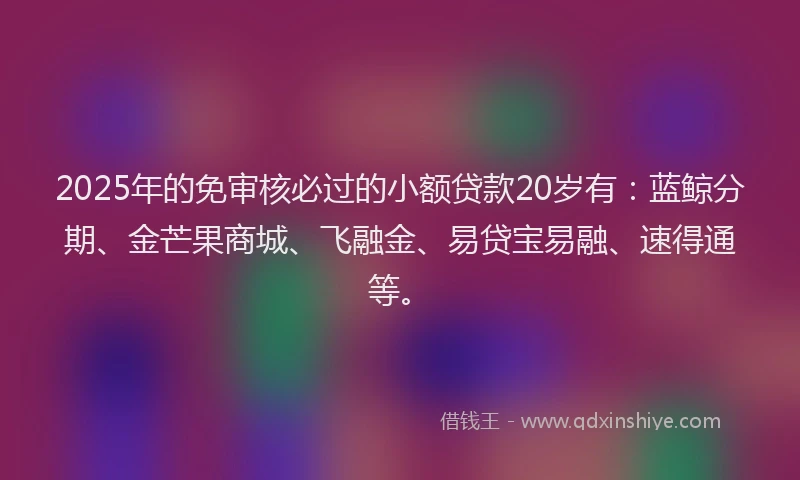 2025年的免审核必过的小额贷款20岁有：蓝鲸分期、金芒果商城、飞融金、易贷宝易融、速得通等。
