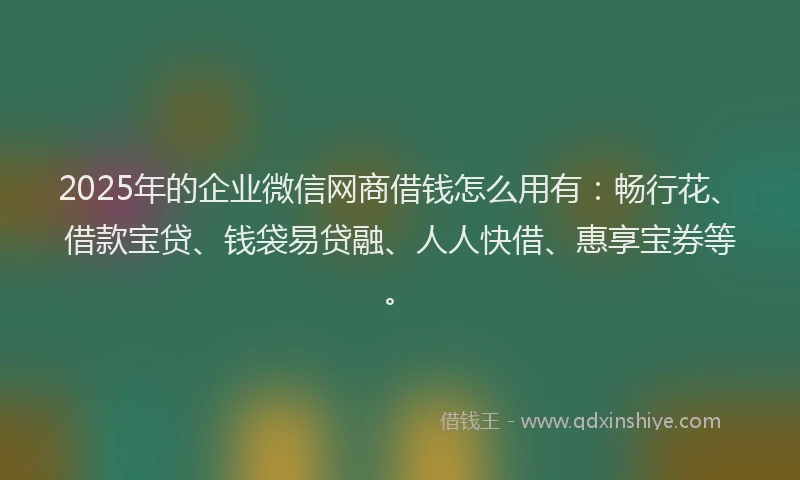 2025年的企业微信网商借钱怎么用有：畅行花、借款宝贷、钱袋易贷融、人人快借、惠享宝券等。