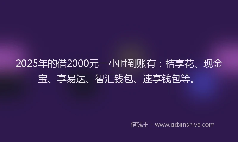 2025年的借2000元一小时到账有：桔享花、现金宝、享易达、智汇钱包、速享钱包等。