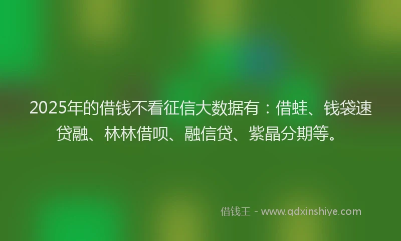 2025年的借钱不看征信大数据有：借蛙、钱袋速贷融、林林借呗、融信贷、紫晶分期等。