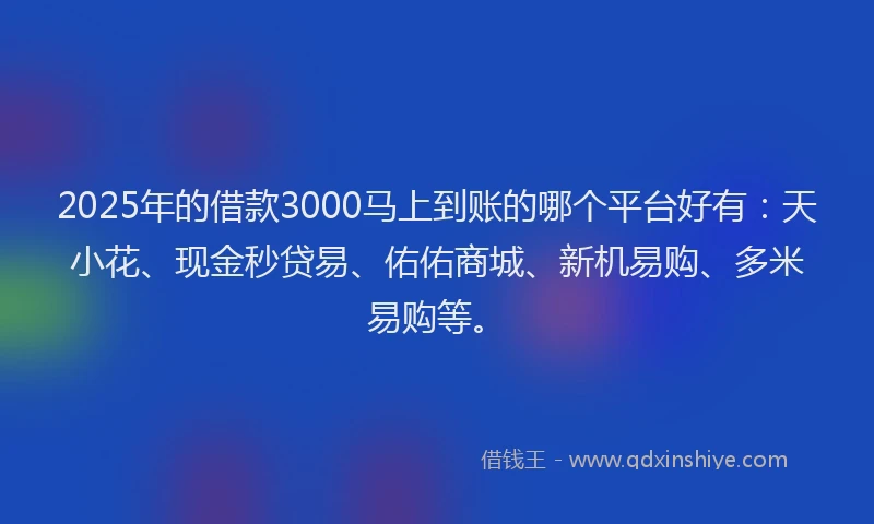2025年的借款3000马上到账的哪个平台好有：天小花、现金秒贷易、佑佑商城、新机易购、多米易购等。