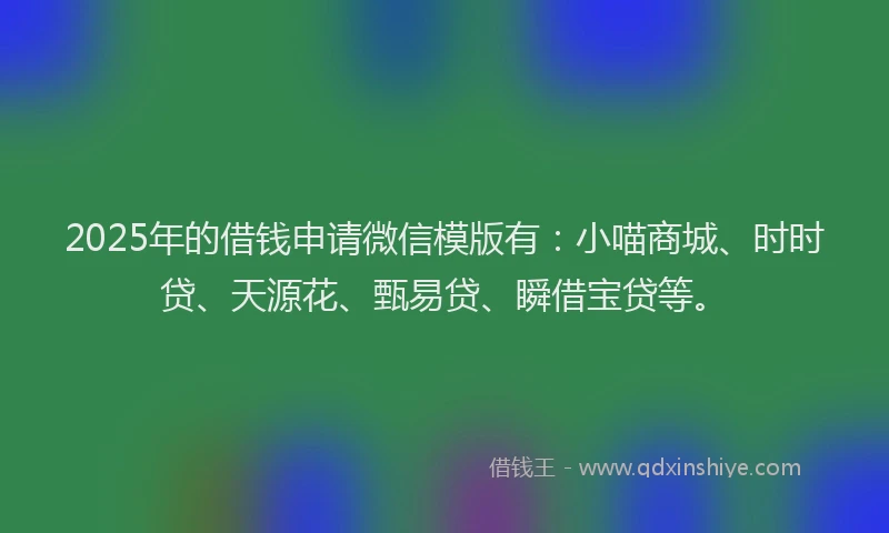 2025年的借钱申请微信模版有：小喵商城、时时贷、天源花、甄易贷、瞬借宝贷等。