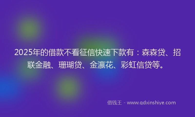2025年的借款不看征信快速下款有：森森贷、招联金融、珊瑚贷、金瀛花、彩虹信贷等。