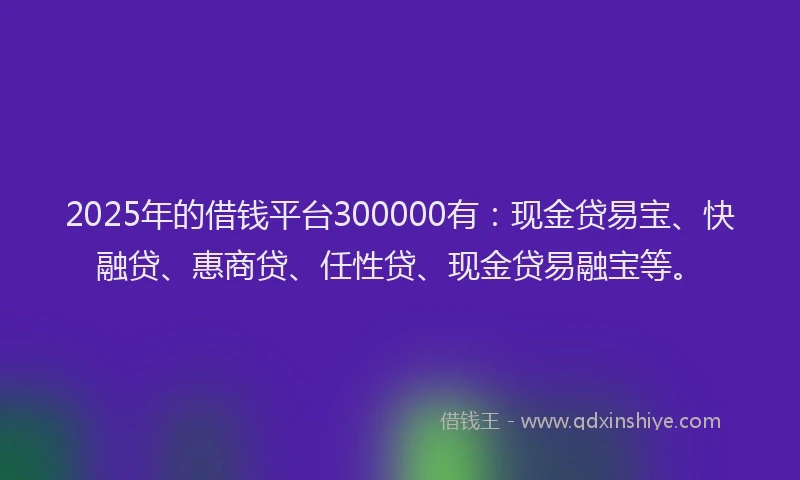 2025年的借钱平台300000有：现金贷易宝、快融贷、惠商贷、任性贷、现金贷易融宝等。