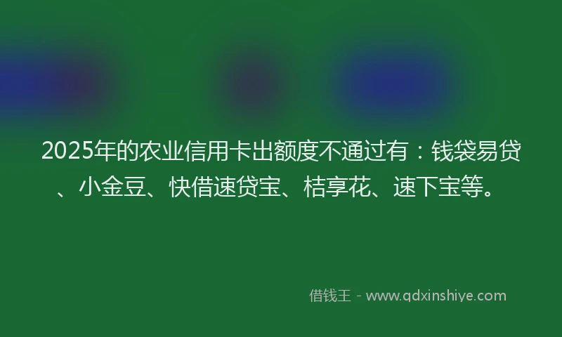2025年的农业信用卡出额度不通过有：钱袋易贷、小金豆、快借速贷宝、桔享花、速下宝等。