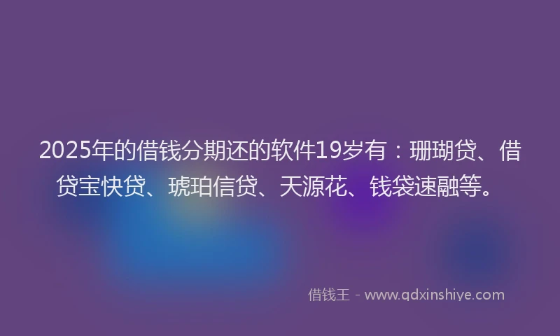 2025年的借钱分期还的软件19岁有：珊瑚贷、借贷宝快贷、琥珀信贷、天源花、钱袋速融等。