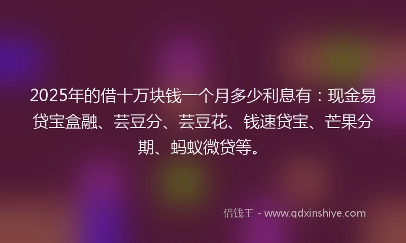2025年的借十万块钱一个月多少利息有：现金易贷宝盒融、芸豆分、芸豆花、钱速贷宝、芒果分期、蚂蚁微贷等。