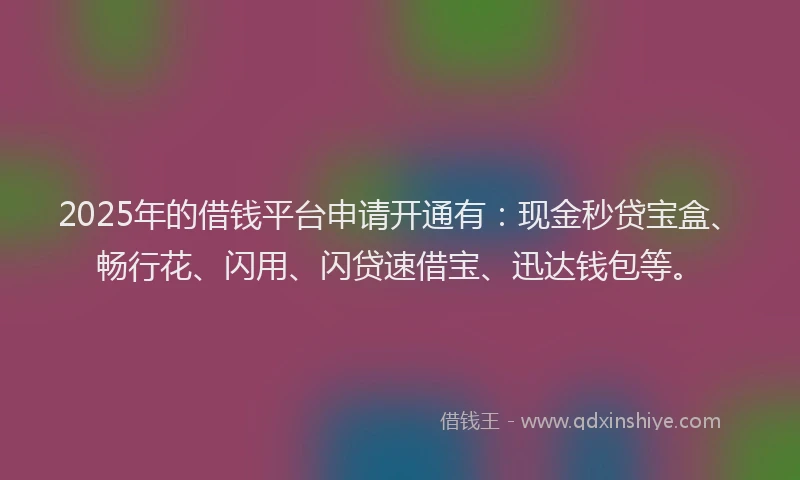 2025年的借钱平台申请开通有：现金秒贷宝盒、畅行花、闪用、闪贷速借宝、迅达钱包等。