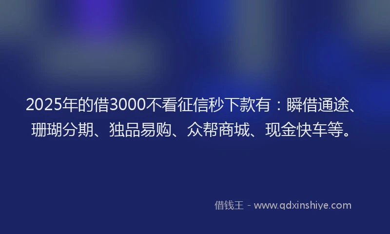 2025年的借3000不看征信秒下款有：瞬借通途、珊瑚分期、独品易购、众帮商城、现金快车等。