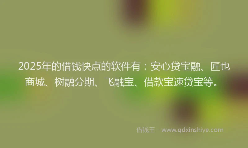 2025年的借钱快点的软件有：安心贷宝融、匠也商城、树融分期、飞融宝、借款宝速贷宝等。