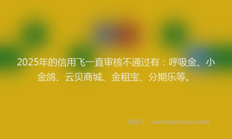 2025年的信用飞一直审核不通过有：呼吸金、小金鸽、云贝商城、金租宝、分期乐等。