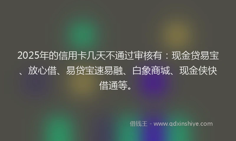 2025年的信用卡几天不通过审核有：现金贷易宝、放心借、易贷宝速易融、白象商城、现金侠快借通等。