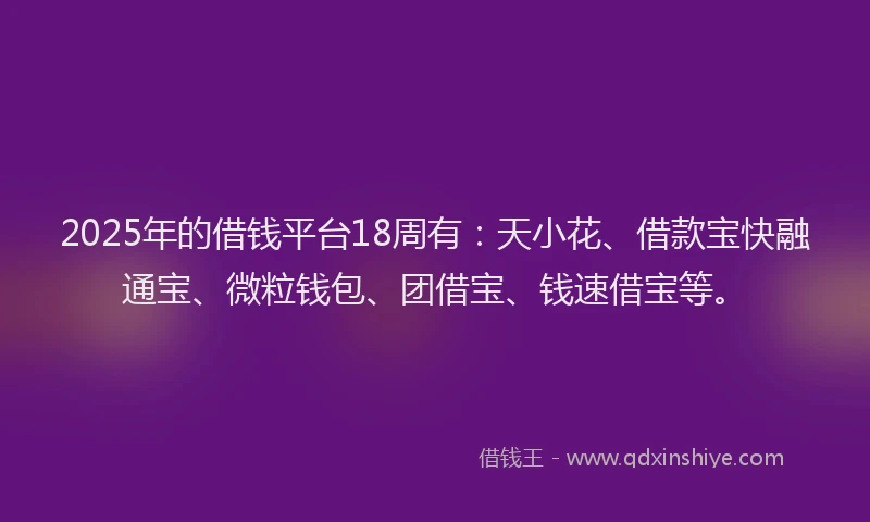 2025年的借钱平台18周有：天小花、借款宝快融通宝、微粒钱包、团借宝、钱速借宝等。