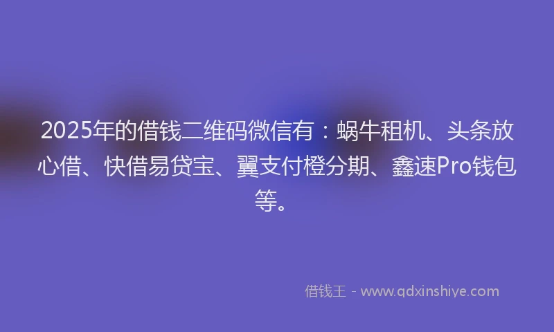 2025年的借钱二维码微信有：蜗牛租机、头条放心借、快借易贷宝、翼支付橙分期、鑫速Pro钱包等。