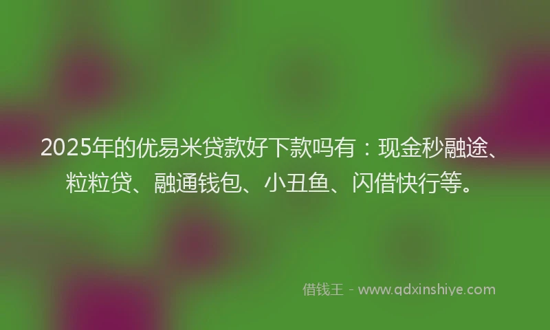 2025年的优易米贷款好下款吗有：现金秒融途、粒粒贷、融通钱包、小丑鱼、闪借快行等。