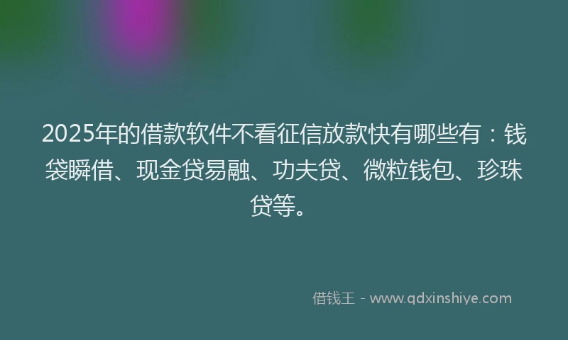 2025年的借款软件不看征信放款快有哪些有：钱袋瞬借、现金贷易融、功夫贷、微粒钱包、珍珠贷等。