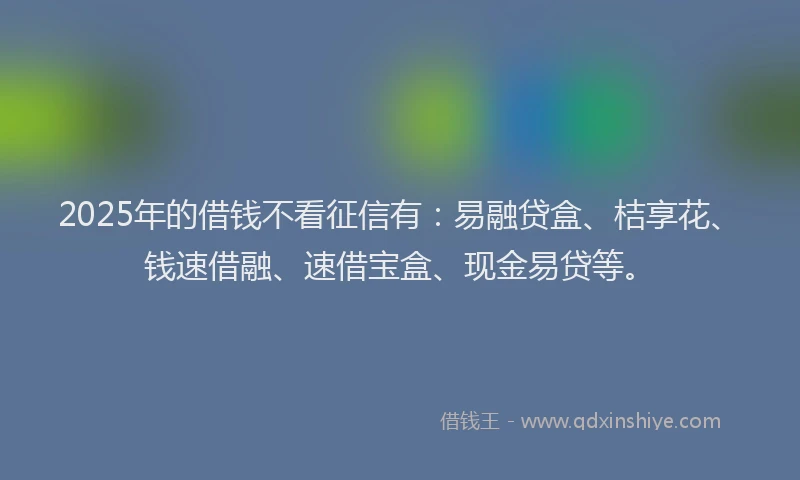 2025年的借钱不看征信有：易融贷盒、桔享花、钱速借融、速借宝盒、现金易贷等。