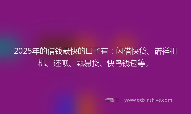 2025年的借钱最快的口子有：闪借快贷、诺祥租机、还呗、甄易贷、快鸟钱包等。