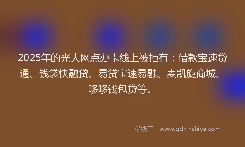 2025年的光大网点办卡线上被拒有：借款宝速贷通、钱袋快融贷、易贷宝速易融、麦凯旋商城、哆哆钱包贷等。
