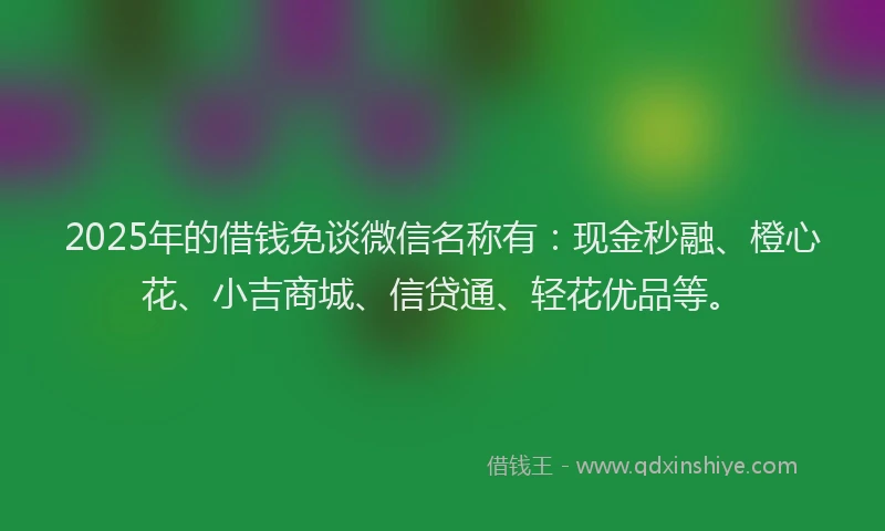 2025年的借钱免谈微信名称有：现金秒融、橙心花、小吉商城、信贷通、轻花优品等。